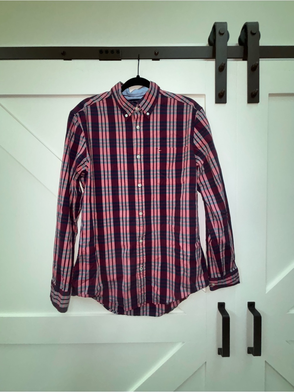 Tommy Hilfiger Red and Navy Plaid Cotton Button-Down Shirt